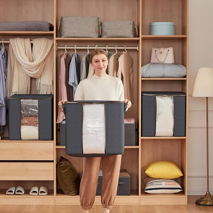 Lifewit 3 Pack Clothes Storage Bins with Lids, Foldable Blanket Storage Bags with Zippers, Clear Window and Reinforced Handles, Closet and Organization for Clothing, Sweater, Comforter, Bedding, Gray