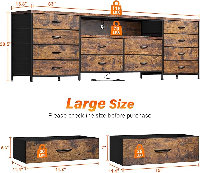 Fits 65,70 inch TV Stand Dresser 63" W TV Console for Bedroom with LED Lights & Power Outlets 12 Long Fabric Dressers for Bedroom, Hallway or Closets Entertainment Center