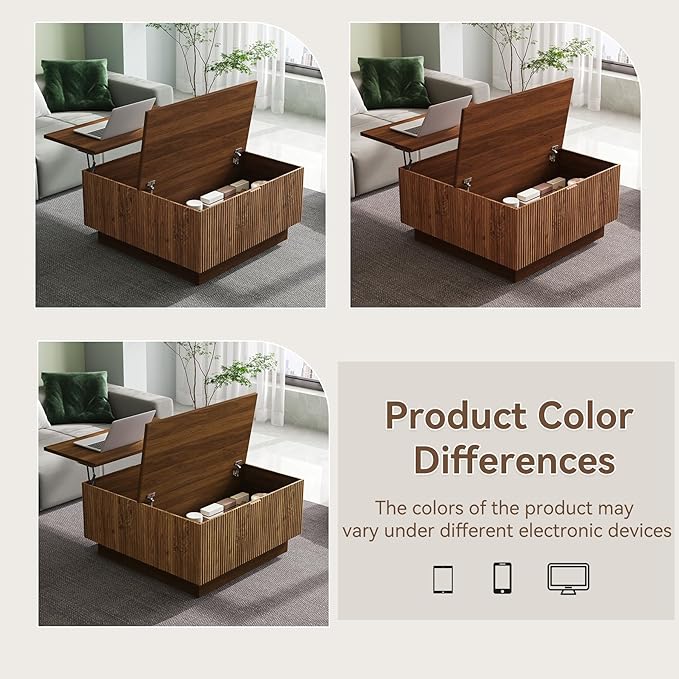 31" Lift Top Coffee Table with Hidden Storage, Farmhouse Square Wood Center Table with Fluted Design for Living Room, Apartment, Small Spaces, Brown Walnut