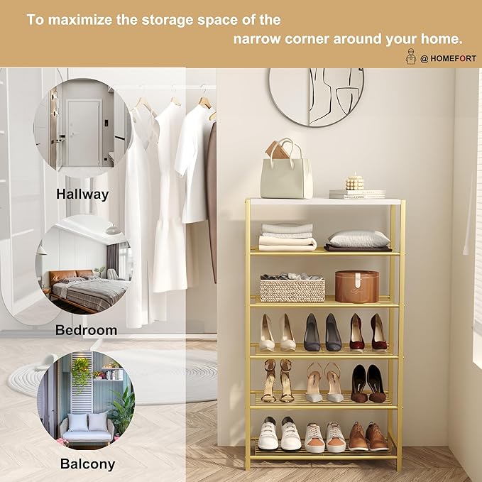 HOMEFORT Shoe Rack 6-Tier, Shoe Storage Shelf, Industrial Shoe Tower, Narrow Shoe Organizer for Closet Entryway, Small Shoe Rack Table with Durable Metal Shelves,Gold