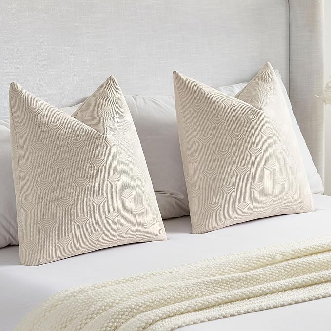FUTEI Beige Chenille Decorative Throw Pillow Covers 22x22 Inch Set of 2,Soft Cozy Striped Geometric Patterns Cushion Case,Modern Home Decor for Couch Bed Living Room