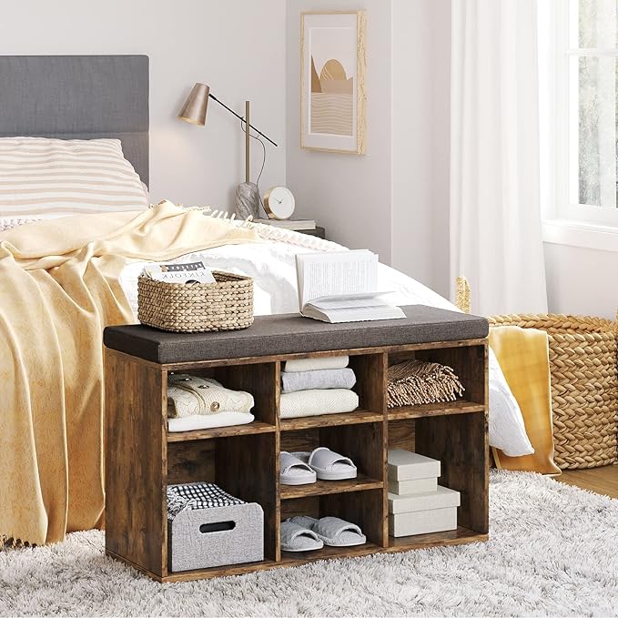 DINZI LVJ Shoe Storage Bench with Cushion, Cubby Rack with 9 Cubbies, Adjustable Shelves, Multifunctional Organizer Bench for Entryway, Mudroom, Hallway, Closet and Garage, Rustic Brown