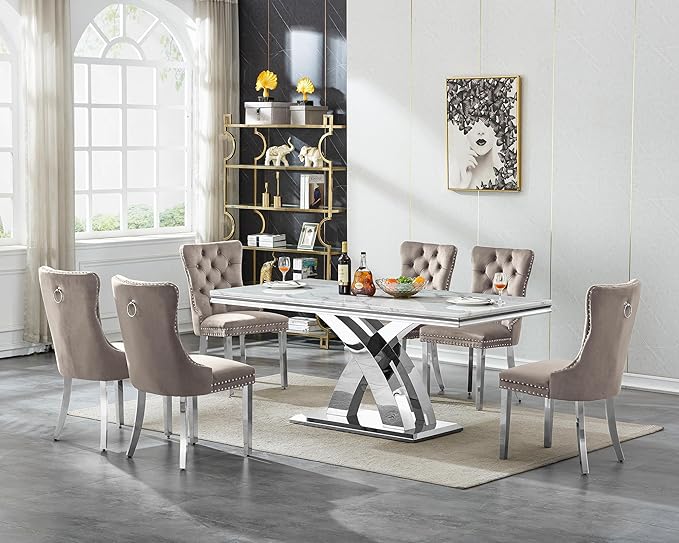 Goujxcy 7-Piece Dining Table Set Modern Faux Marble Dining Table Set for 6, Luxury 68" Long Faux Marble Kitchen Table with 6 Velvet Upholstered Chairs & Mirrored Stainless Steel Base