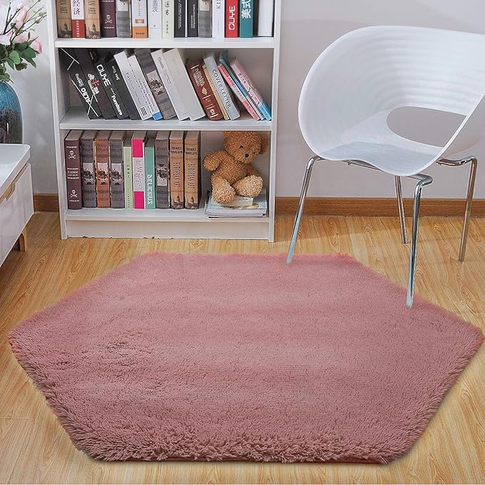 junovo Ultra Soft Rug for Nursery Children Room Baby Room Home Decor Dormitory Hexagon Carpet for Playhouse Princess Tent Kids Play Castle, Diameter 4.6 ft, Blush