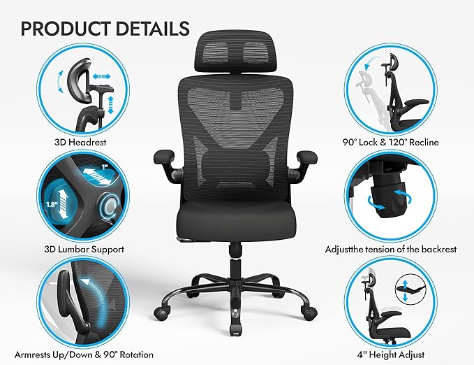 Ergonomic Office Chair - Mesh Desk Chair with Adjustable Lumbar Support High Back Computer Gaming Chairs - Big and Tall Office Chairs Adults, Comfortable for Long Hours, Black