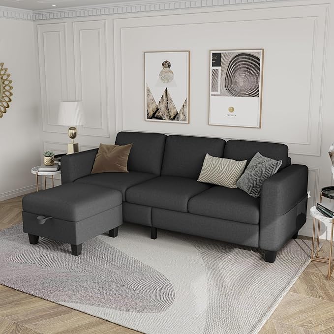 Sectional Sofa Couches for Living Room - L Shaped Cloud Couch-Small Modular 3 Seat-Comfy Linen with Storage Deep Seat Sofa,Washable Covers-Suitable for Living Room-Apartment-Office-Bedroom-Dark Grey