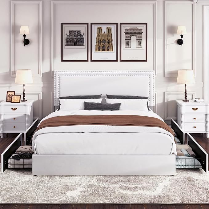 VECELO King Size Upholstered Platform Bed Frame with 4 Storage Drawers, Adjustable Velvet Rivet Decor Headboard, Wooden Slats Support, No Box Spring Needed, Easy Assembly
