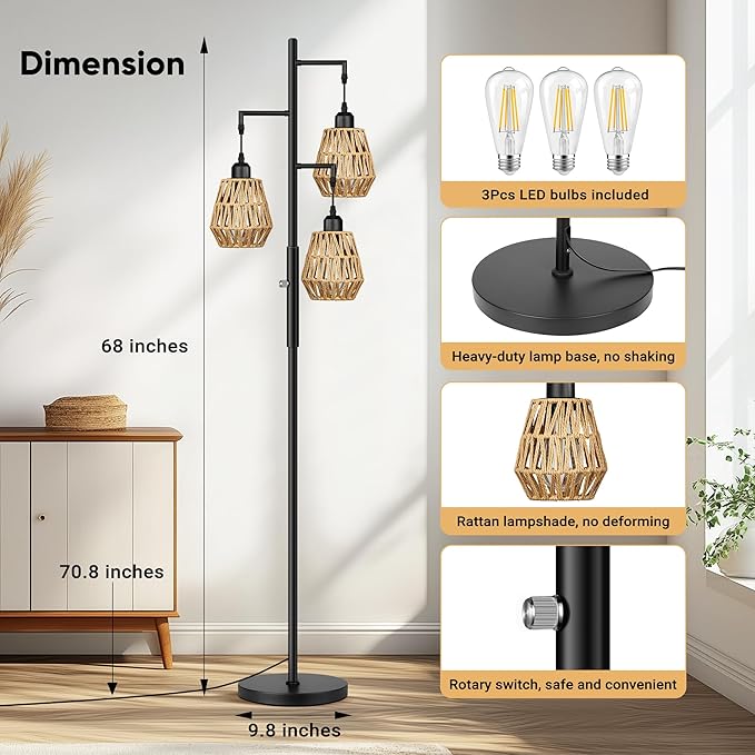 QiMH Farmhouse Floor Lamps for Living Room, Industrial Standing Lamp with 3-Lights Boho Rattan Shades, 68" Modern Rustic Tree Tall Lamps for Bedroom Office, Rotary Switch, 3 LED Bulbs Included