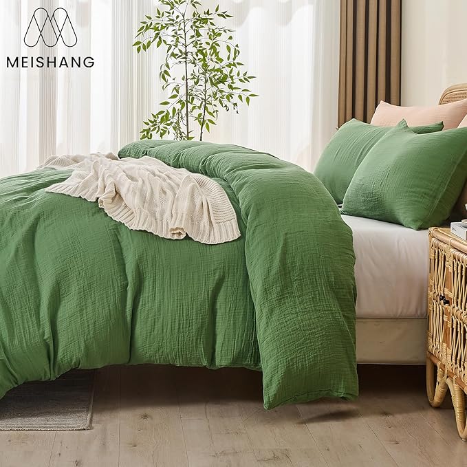 MEISHANG Muslin Duvet Cover King Size - 100% Organic Cotton, Soft Textured Gauze Weave Comforter Cover for Breathable All-Season with Zipper Closure - 3 Piece Set (King, Dusty Green)