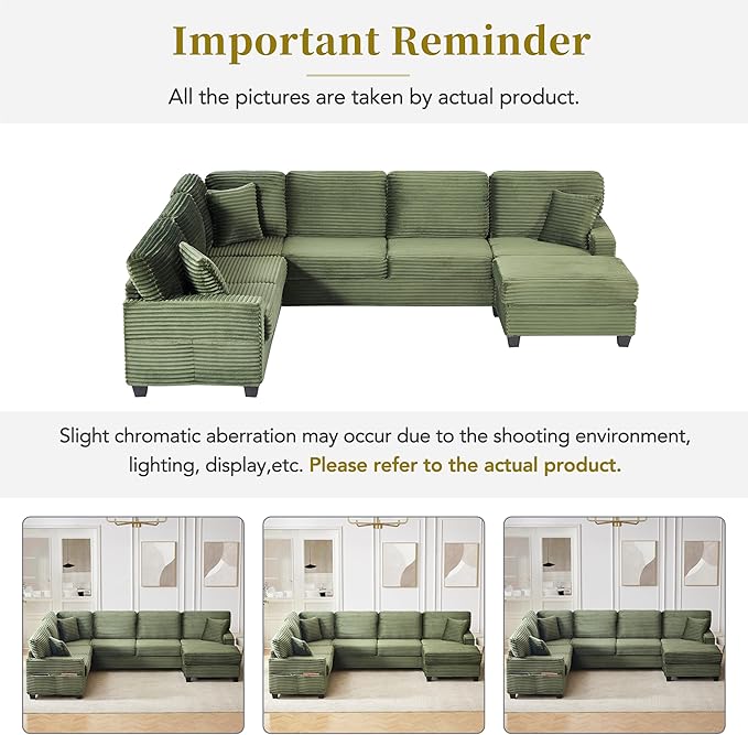 125.2" Sectional Sofa U-Shaped Upholstered Sofa L-Shaped Couch with a Movable Ottoman and Side Storage Pockets for Living Room, Green