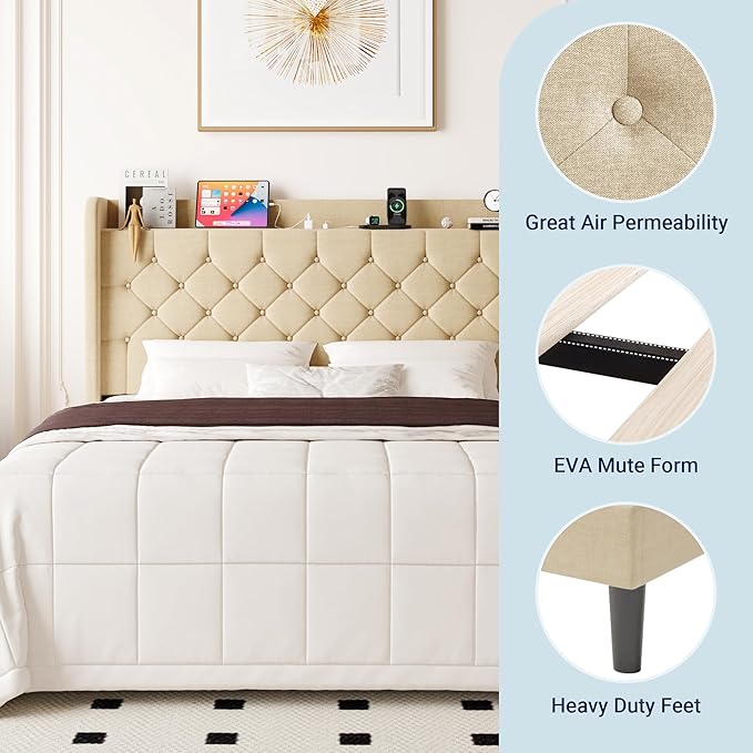 Allewie Full Size Bed Frame, Storage Headboard with Charging Station, Wingback Linen Upholstered, Diamond Stitched Button Tufted, Sturdy Wooden Slats, No Box Spring Needed, Easy Assembly, Beige