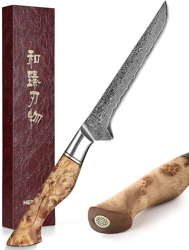 HEZHEN Damascus Boning Knife, 67 Layer Damascus Steel Fillet Knife Kitchen Knives,Figured Sycamore Wood Handle