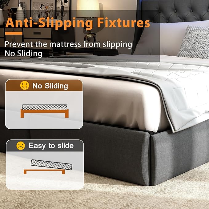 SADENICEL King Size Bed Frame with Storage Headboard, Metal Platform Bed Frame King with 4 Drawer, LED Light, Charging Station, No Box Spring Needed, Noise Free, Easy Assembly, Grey