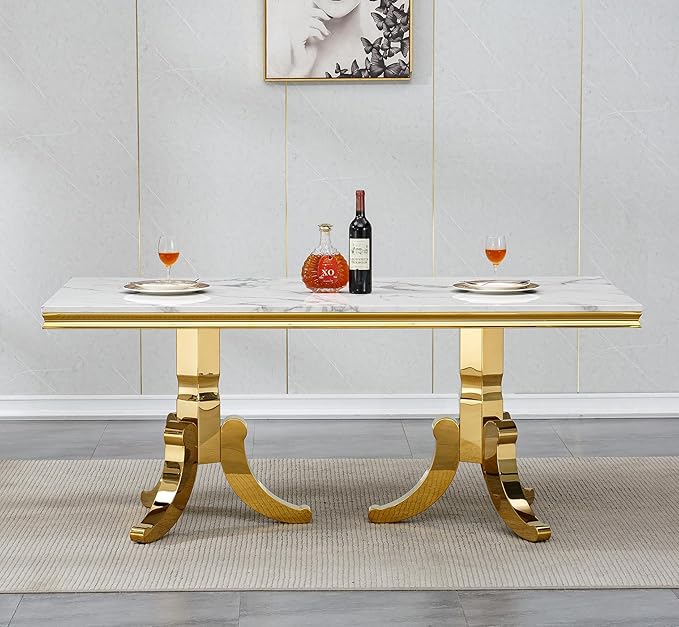 Goujxcy Faux Marble Dining Table Set for 6, Modern 7-Piece Dining Table Set with 6 Velvet Upholstered Chairs, 70" Large Long Faux Marble Kitchen Dining Room Table and Chairs with Stainless Steel Legs