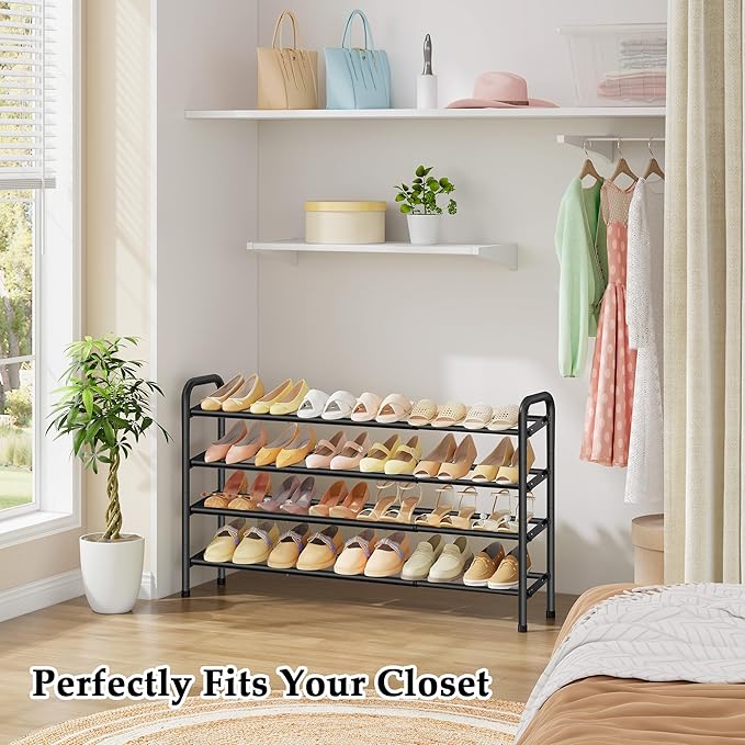 4 Tier Shoe Rack for Closet,Shoe Organizer, 28“ Metal Shelf Can Expandable to 42“, for Bedroom, Entryway, Living Room, Garage, Adjustable to 24 Pairs Shoes, Black