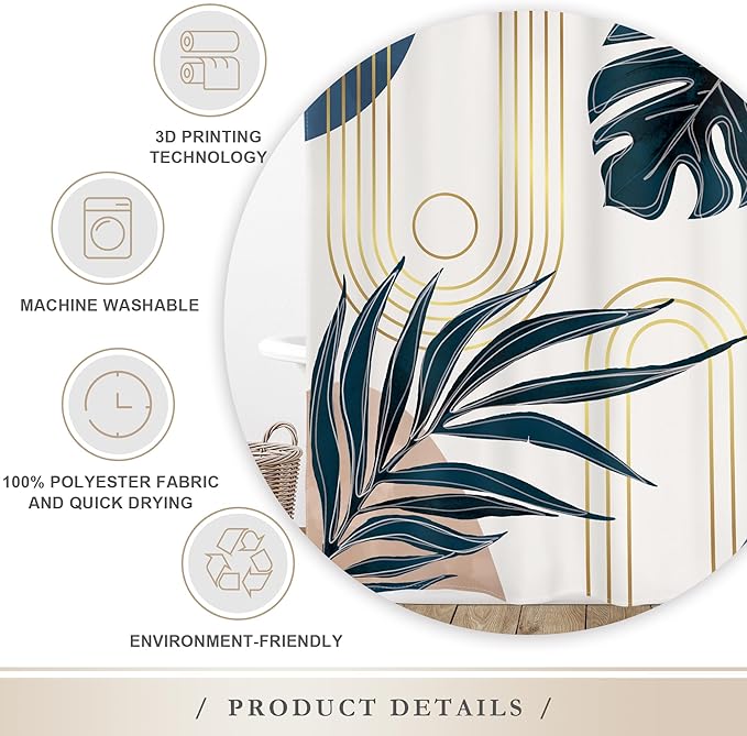 Glawry Boho Navy Blue Shower Curtain Mid Century Abstract Tropical Palm Leaf Modern Minimalist Plant Botanical Bathroom Geometric 60Wx72L Inches Bath Accessories Art Home Decor Fabric 12 Pack Hooks