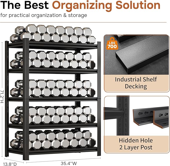 3500 LBS Garage Shelving Heavy Duty 5-Tier Adjustable Storage Shelves Unit,71''H Metal Utility Rack Shelf for Industries, Warehouses, Basement,Black (71.2''H x 35.4''W x 13.8''D)