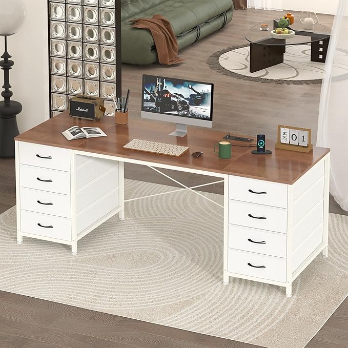 60 Inch Computer Desk with 8 Drawers, Home Office Desk with Power Outlets, Work Study Gaming Desk with 8 Fabric Drawers, Brown and White
