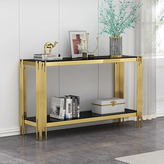 Goujxcy Modern Glass Console Table 55" Gold Entryway Table with Black Glass Top and Mirror Finish Stainless Steel Legs, Luxury Rectangular Sofa Tables for Living Room Hallway Corridor Table (Gold)