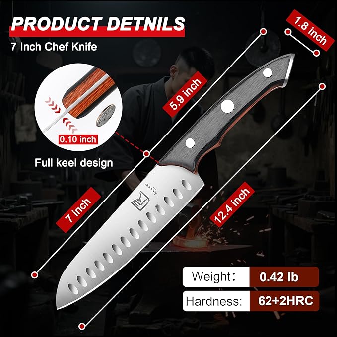 Santoku Chef Knife, 7 Inch Kitchen Knife, Ergonomic Non Slip Thumb Grip,Ultra Sharp Cutting Knife, Forged From Japanese Steel, Professional Cooking Knife For Cutting Meat And Vegetables.