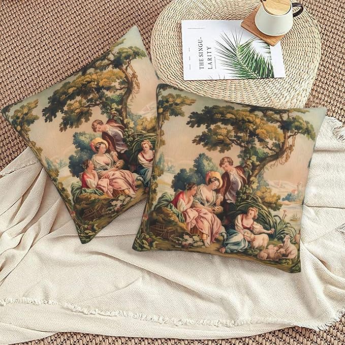 Antique French Country Tapestry Print Throw Pillow Covers Set of 2 Pillowcases Cushion Case Square for Soft Home Decor Bed Couch Car Living Room 18x18 Inch