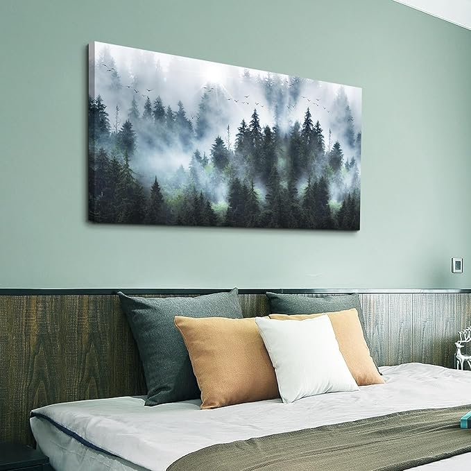 Wapluam Foggy Forest Landscape Wall Pictures Canvas Wall Art For Living Room Wall Decor For Office Bedroom Wall Decorations Framed Canvas Prints Artwork Modern Wall Painting Home Decoration 24"X48"