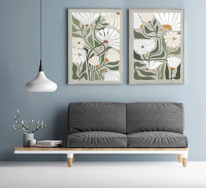 2 Pcs Boho Wildflowers Canvas Wall Art Green Bohemia Abstract Floral Botanical Painting Picture Wall Decor Poster Print Artwork for Living Room Bedroom Bathroom Home Decoration Unframed