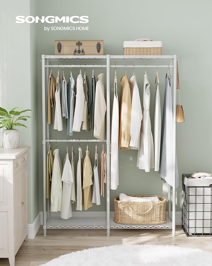 SONGMICS Clothes Rack, Freestanding Wardrobe Closet, Metal Clothing Racks, Heavy-Duty Garment Rack with Adjustable Shelves, Hanging Rods, Dividable, 15.8 x 47.2 x 70.9 Inches, Cloud White ULGR423W01