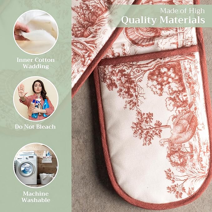 Maison d' Hermine Double Oven Mitt (7" x 35") 100% Cotton Heat Resistant BBQ Cooking Gloves with Loop for Thanksgiving Christmas Decorations Baking Cooking Handling Hot Pan (Holy Jouy - Brown)