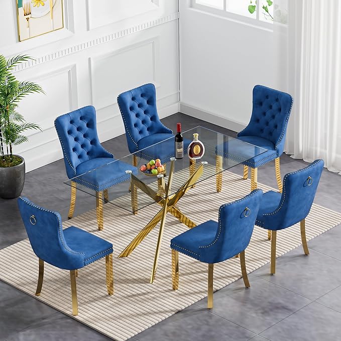 Goujxcy Glass Dining Table Set for 6, Modern Kitchen Table and Chairs Set of 6, 7-Piece Kitchen Dining Room Table Set w/51 Glass Gold Dining Table and 6 Blue Velvet Upholstered Chairs