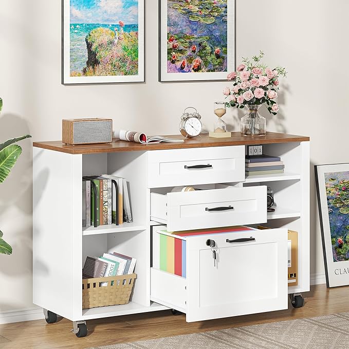 Semoic 3 Drawer Wood Lateral File Cabinet with Lock, Rolling Mobile Filing Cabinet with Open Storage Shelves, Printer Stand Office Storage Cabinet for Home Office Fits Files Legal/A4 Size, White