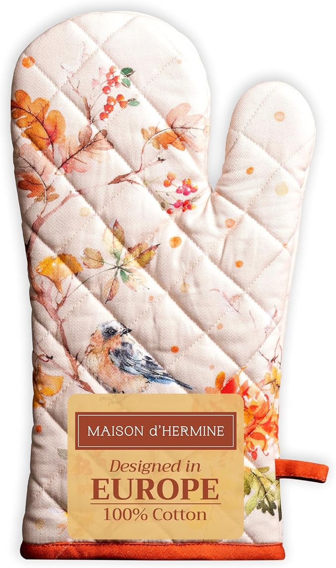 Maison d' Hermine Oven Gloves 100% Cotton Oven Mitt 7" x 13" with Loop Heat Resistant BBQ Cooking Gloves for Thanksgiving Christmas Decorations Baking Handling Hot Pans (Pack of 1, Kelim - Prairie)