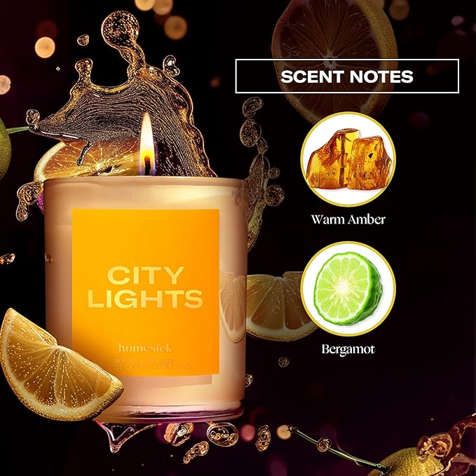 Homesick Scented Candles for Home (City Lights) - 7.5 oz Long-Lasting Natural Soy Wax Blend Jar Candle Gift for Women & Men for All Occasions, 30-35 Hours Burn Time - Notes of Amber & Bergamot