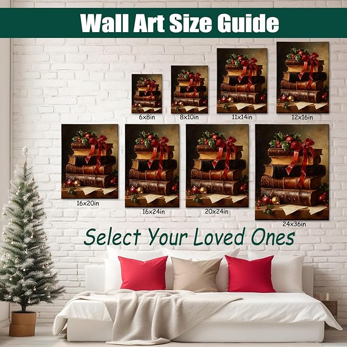 Dark Academia Christmas Canvas Wall Art - Vintage Books & Holly Framed Print for Library Reading Nook, Moody Winter Decor, Unique Christmas Gifts for Book Lovers & Festive Decorations