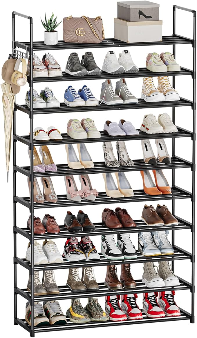 10 Tier Metal Shoe Rack, Tall Shoe Rack for Entryway, Shoe Organizer for Closet, Shoe Storage for Front Door Entrance & Entryway, Large Long Shoe Stand Holder Adjustable Shelf Height