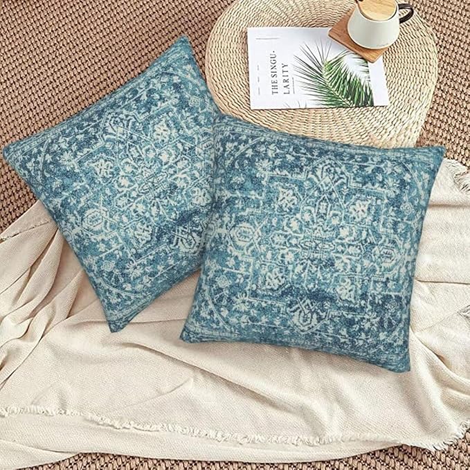 Teal Boho Pillow Covers 24x24 Set of 2, Bohemian Carpet Pattern Outdoor Decorative Throw Pillows Linen Ethnic Design Rustic Farmhouse Cushion Cases for Couch Sofa Decor