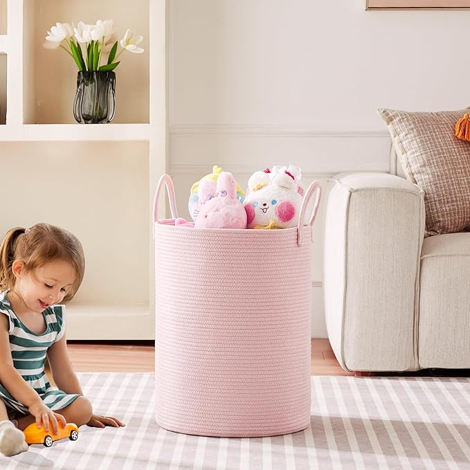 Pink Hamper Laundry Basket for Baby Girls Nursery Hamper for Kids Woven Rope Clothes Basket for Little Girls Room Bedroom Light Pink Kawaii Laundry Bin