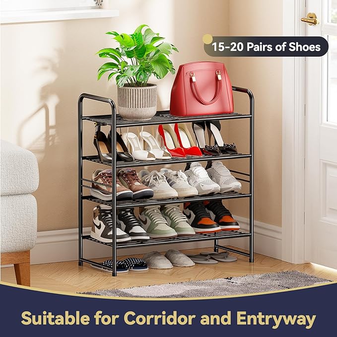 4-Tier 27” Wide Shoe Rack for Closet, Metal Stackable Shoe Shelf Organizer, Holds 14 Pairs, Black