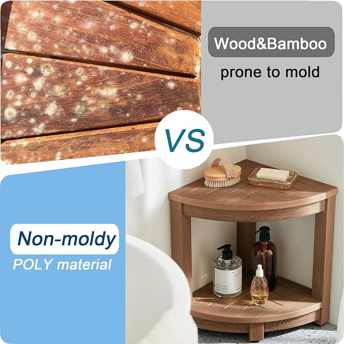 Corner Shower Stool for Shaving Leg, Waterproof Bathroom Shower Bench Seat for Inside Shower, Poly Lumber Plastic Shower Chair Seat, Shower Foot Rest with Adjustable Feet, Non-Slip, Brown