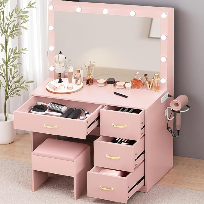 YITAHOME Vanity Set with Mirror and Lights, Makeup Vanity Set with 11 LED Lights, Dressing Table with 4 Drawers and Stool, Ample Storage, Power Strip, for Dressing Area, Light Pink