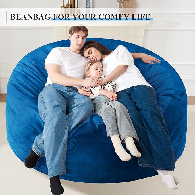Homguava 6FT Bean Bag Chair Giant BeanBag with Memory Foam Filled, Large Bean Bag Chairs for Adults, Adult Bean Bag Chair with Dutch Velvet Cover for Living Room Bedroom-Blue