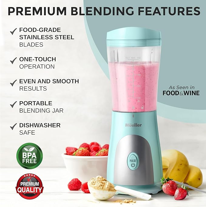 Mueller Smoothie Blender for Smoothies - Personal Blender for Shakes, Frozen Drinks, Baby Food & More, 15oz Travel Cup and Lid, Durable Stainless Steel Blades for Powerful Blending Performance