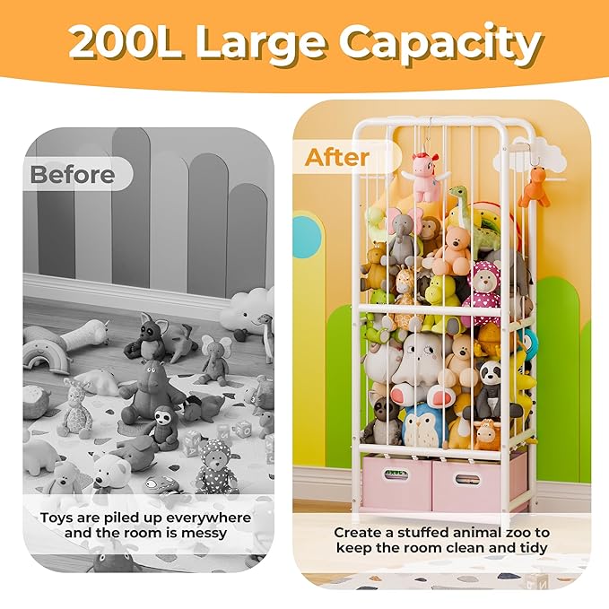 GRANNY SAYS Stuffed Animal Storage Tube with 2 Toy Bins, Plushies Storage, Toy Organizer Holder with Elastic Band and Hooks, Metal Stuff Animal Storage, Kids Toy Storage Organizer for Bedroom Playroom