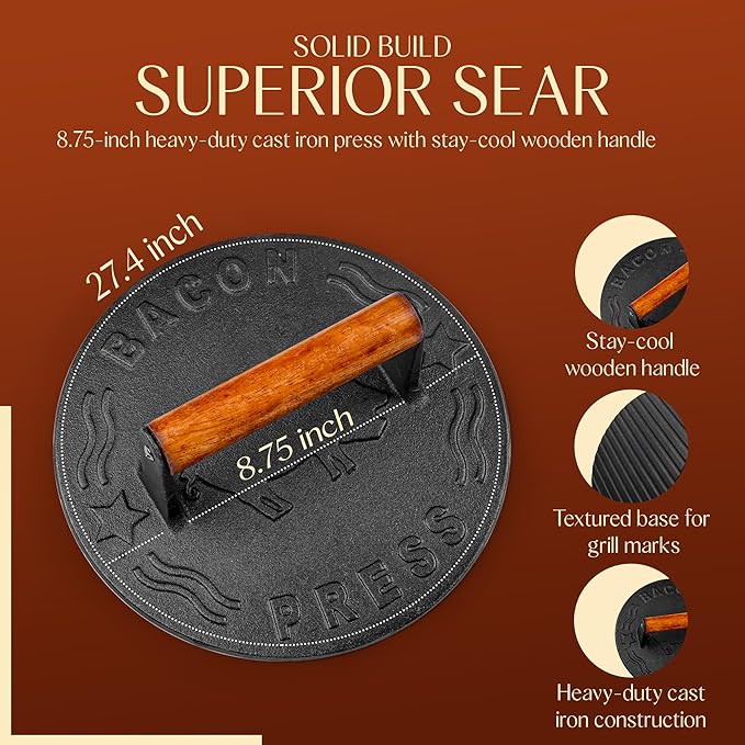 Heavy-Duty Cast Iron Burger Press 8.5 Inch Round Burger Smasher, Grill Press for Cooking Burgers, Bacon, Sandwiches, Steak, Ground Beef, Meats, Sausages, and So On