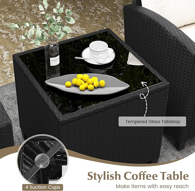 Tangkula 3 Piece Patio Furniture Set, Rattan Conversation Set w/Soft Seat & Back Cushions, Tempered Glass Topped Coffee Table, Cushioned Wicker Seating Set for Backyard, Porch, Poolside (Off White)