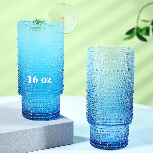 6pcs Hobnail Drinking Glasses Set, 16 oz Vintage Glassware Drinking Glasses, Gradual Blue Water Glasses Tumbler, Cups for Kitchen, Juice, Beer, Cocktail, Whiskey