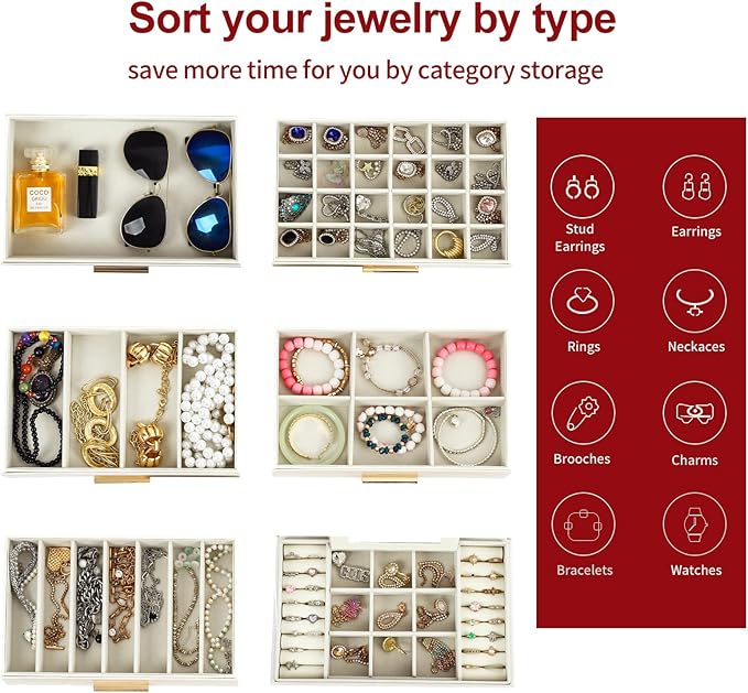 BOOVO Jewelry Box for Women, Gold 6 Layer Large Jewelry Organizer with Glass Lid for Necklace, Bracelet, Earrings, Rings Storage, Jewelry Organizers and Storage for Girls Gift (Champagne, 6 layer)