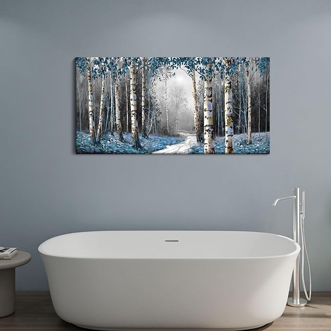 HKDGOKA Large Wall Art Living Room Modern Gray Blue Forest Nature Landscape Paintings Fall Pictures for Bedroom Kitchen Bathroom Office Home Artwork Wall Decor 48"x24"