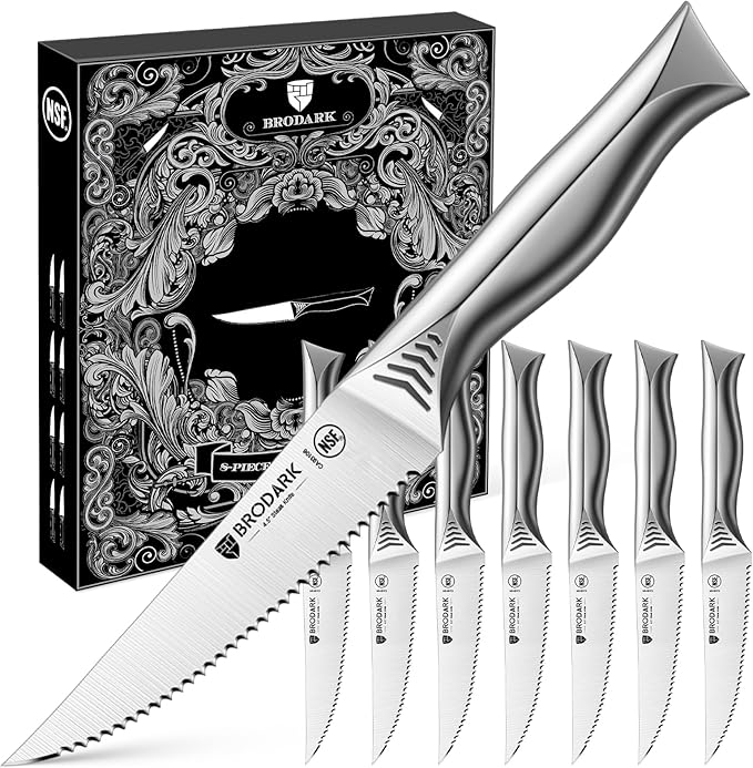 BRODARK Steak Knives Set of 8: 4.5 Inch Serrated Steak Knives - High Carbon Stainless Steel Kitchen Steak Knife Set - Never Need Sharpening - NSF Certified, Shark Series