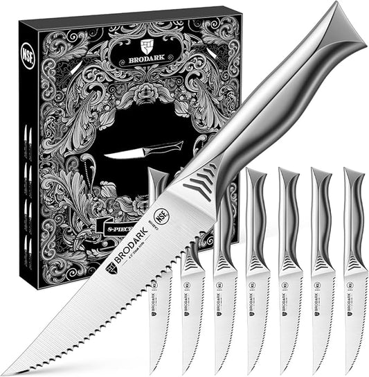 BRODARK Steak Knives Set of 8: 4.5 Inch Serrated Steak Knives - High Carbon Stainless Steel Kitchen Steak Knife Set - Never Need Sharpening - NSF Certified, Shark Series